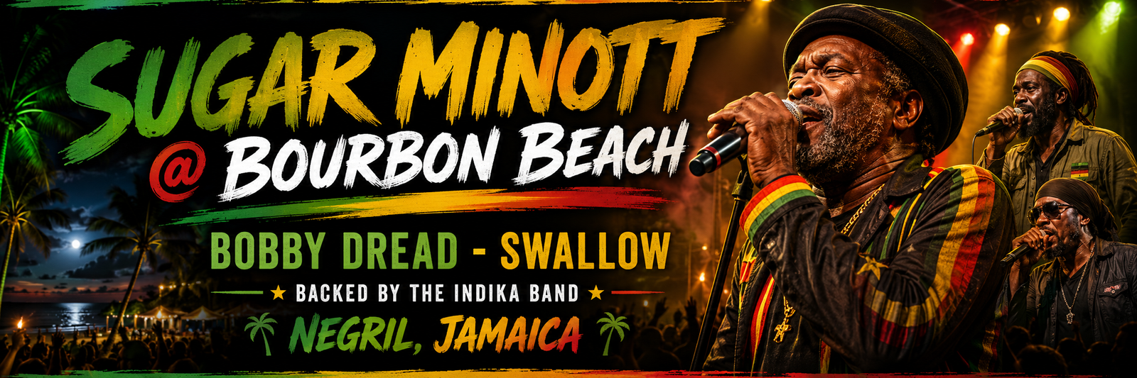 Sugar Minott at Bourbon Beach with Bobby Dread, Swallow and the Indika Band in Negril, Jamaica